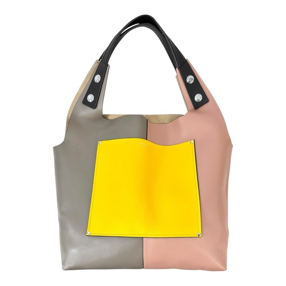 Tory Burch RARE Gray Cream Yellow Pink Colorblock Leather Shoulder Tote Bag - Picture 1 of 14